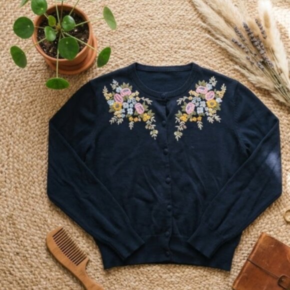 Vintage Floral Embroidered Cotton Cardigan Navy Cottagecore Sweater S/M - Picture 5 of 9